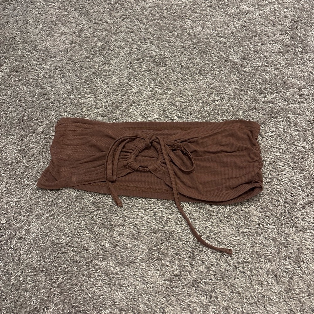 SHEIN Brown Ribbed Bandeau Crop Top with Front Tie